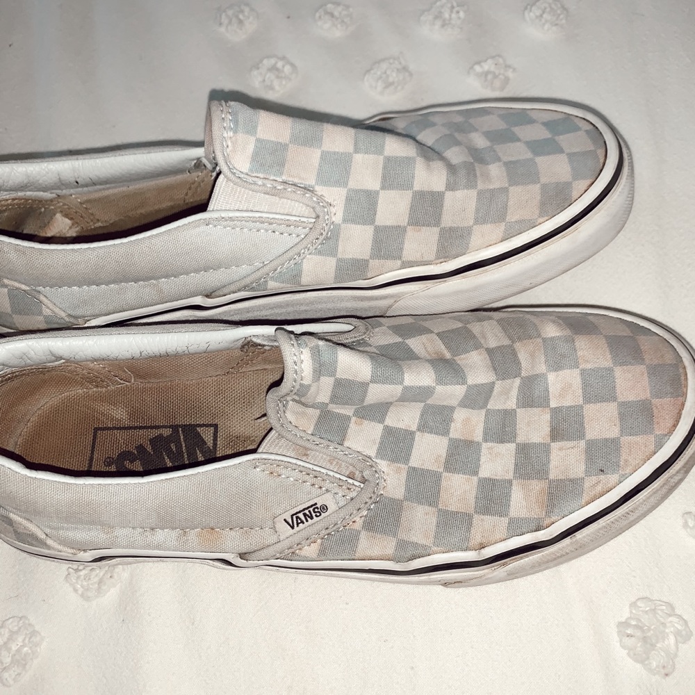 light blue checkered slip on vans